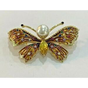Vintage inspired butterfly brooch gold tone textured enamel & rhinestones pin